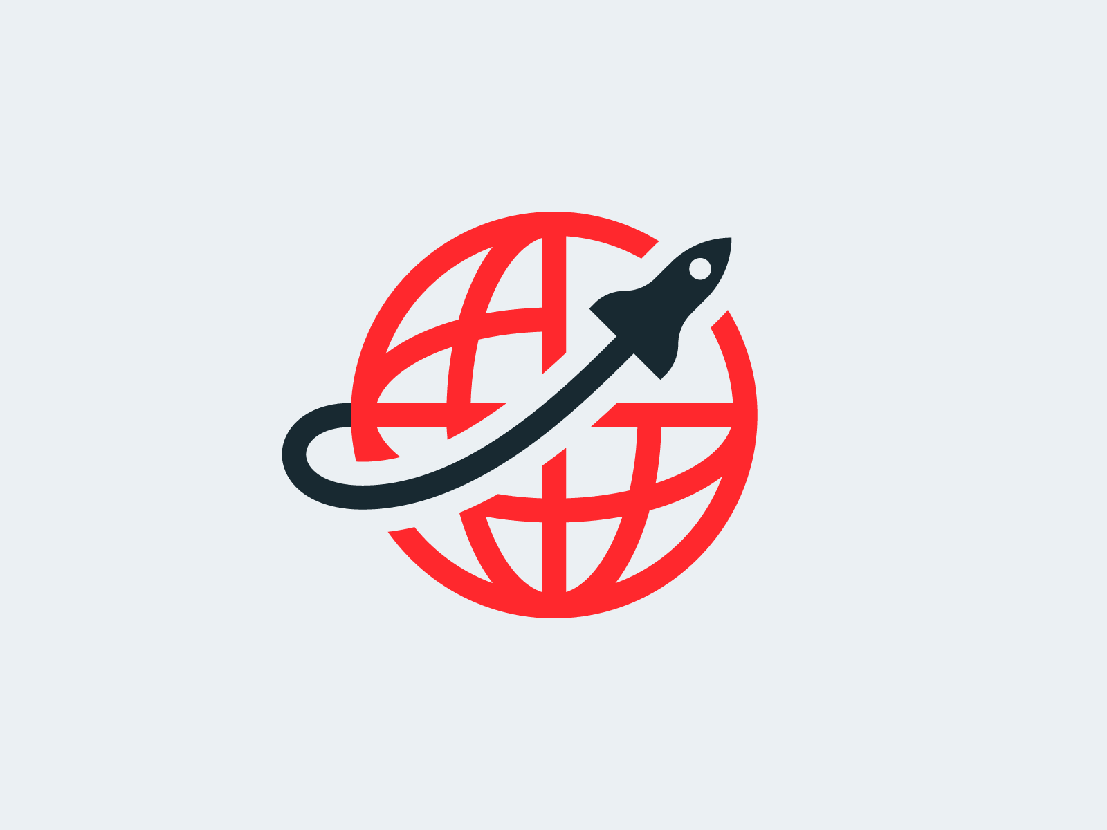 Minimal logo featuring a globe with a rocket